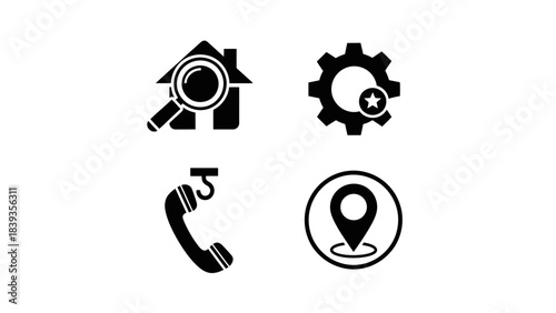 Modern Flat Design Icons for Website Navigation, Settings, Contact, and Location