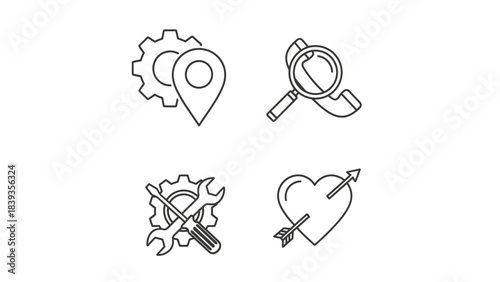 Illustrations of diverse service, support, and emotion concepts as line icons on a white background