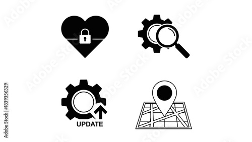 Digital System Management Icons: Security, Search, Update, and Location Graphics