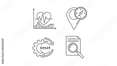 Collection of Icons: Health Graph, Compass Location, Reset Gear, and Magnifying Glass Search