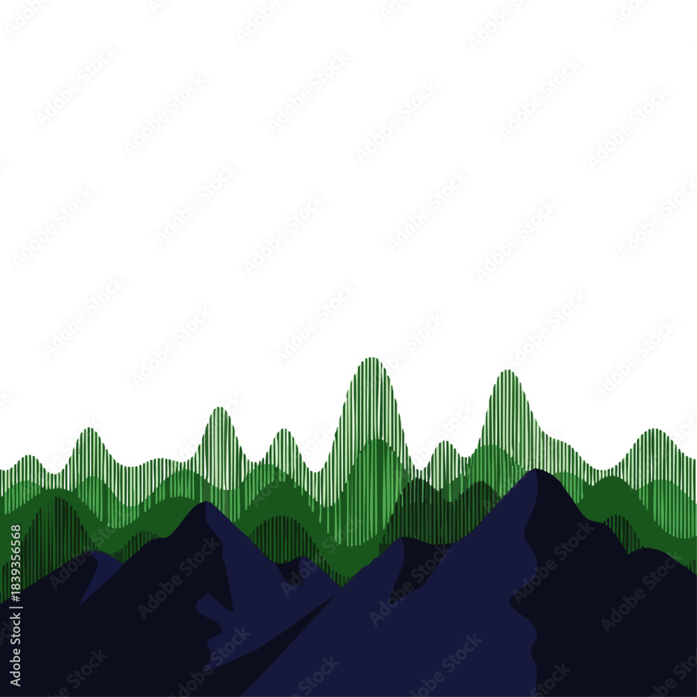 Fototapeta premium Abstract mountain range with green wavy hills and dark blue peaks against a white background, minimalist design