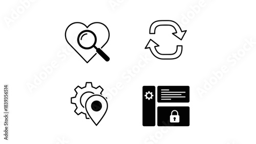 Simple black icons representing search, refresh, settings, location, and secure documents on a white background