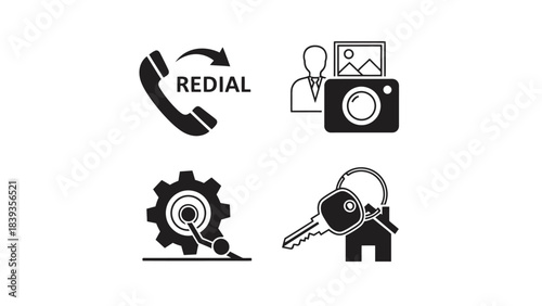 Set of diverse black and white icons for digital interface and functional concepts