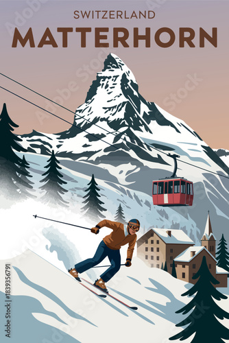 Matterhorn Ski Resort Retro Poster Alps Winter Travel Vector