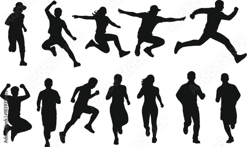 Diverse group of people in dynamic poses silhouettes of running and active individuals