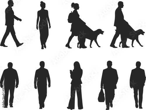 Silhouettes of diverse people walking with dogs in a modern urban environment