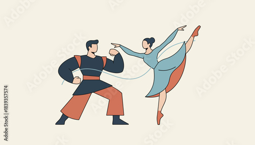 A lively duet between a man and woman showcasing contrasting styles with one emphasizing strength and the other showcasing grace.