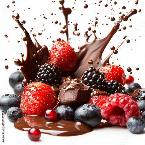chocolate sauce splashing with mixed berries