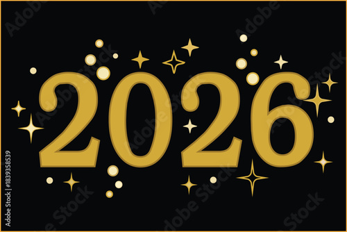 Elegant Golden 2026 Number Design on Black Background with Sparkles and Stars