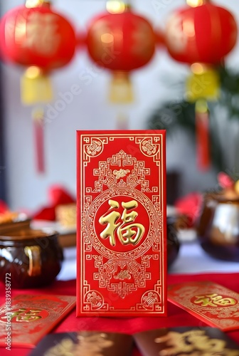 Red angpao with gold pattern and blurred lantern background