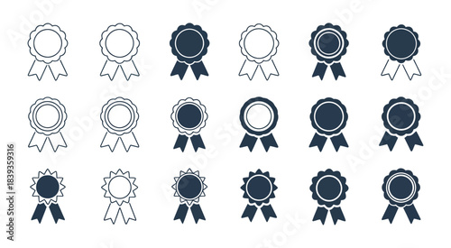 a versatile collection of monochrome vector rosettes and award badges with both outline and solid fill styles, including assorted ribbons and banners, suitable for certificates, competition graphics, 