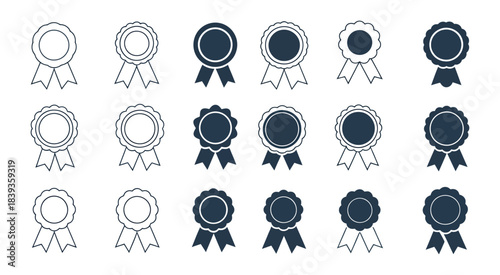a versatile collection of monochrome vector award badges and rosettes, showcasing diverse designs in outline and solid fill styles with various ribbons and banners, perfect for certificates, 
