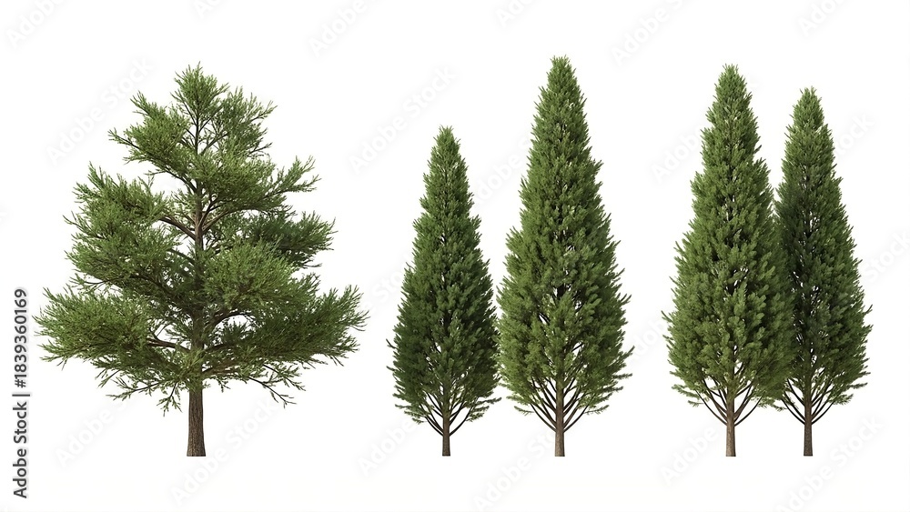 Fototapeta premium Assorted evergreen trees on white background pine tree