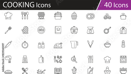 Cooking icons vector set, kitchen tools collection, culinary symbols, food preparation elements, chef accessories, baking items, restaurant equipment, editable line style, isolated