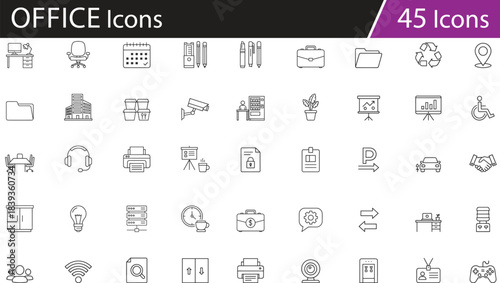 Office icons vector set, workplace symbols, business tools collection, corporate environment elements, technology and furniture, editable line style, isolated, clean design