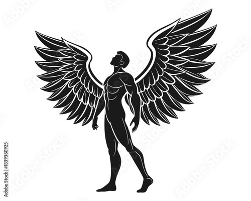 A striking black silhouette of a muscular man with large, detailed feathered wings outstretched upwards against a white background