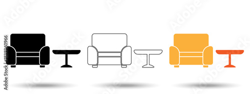 Armchair and table icon. Armchair and table icon on a white background, isolated. The icon has three uses in applications and websites. Vector illustration. Armchair and table icon white background.