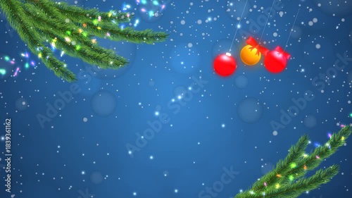 Festive Christmas background with snowy pine branches and ornaments