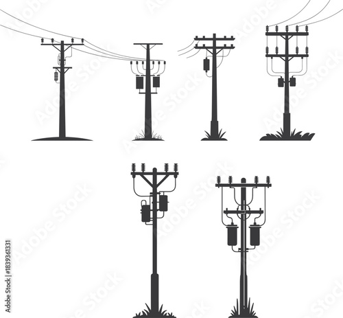 Set of Six Utility Pole Silhouettes with Transformers, Insulators, and Power Lines for Electrical Distribution and Infrastructure Design Reference