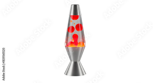 Classic lava lamp with red wax bubbles, illuminated and isolated on transparent background