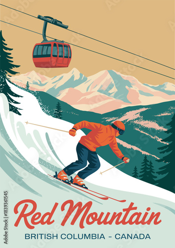 Ski Red Mountain Resort Travel Poster Vintage, Canada Winter Landscape Travel Card Vector