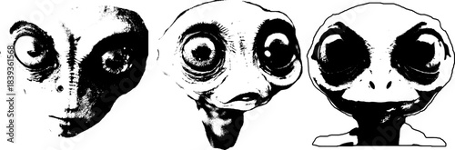 Creepy Alien Heads Vector, Black White Horror Sci-Fi Faces, Xerography Illustration on Transparent Background