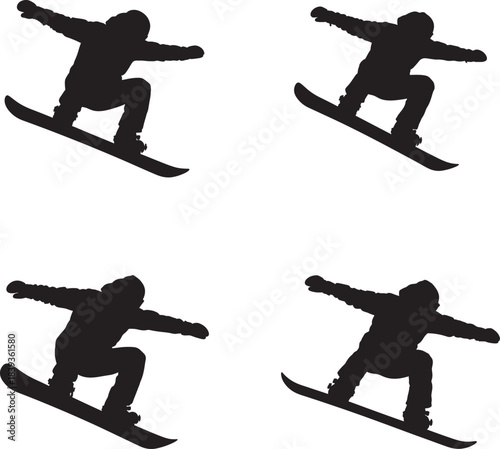 Four dynamic snowboarder silhouettes performing jumps and tricks 