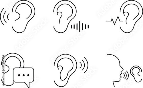 Hearing and Listening Icon set represents communication, sound awareness, modern minimal, design. This features an ear combined with sound waves, symbolizing hearing ability, active, and audio clarity