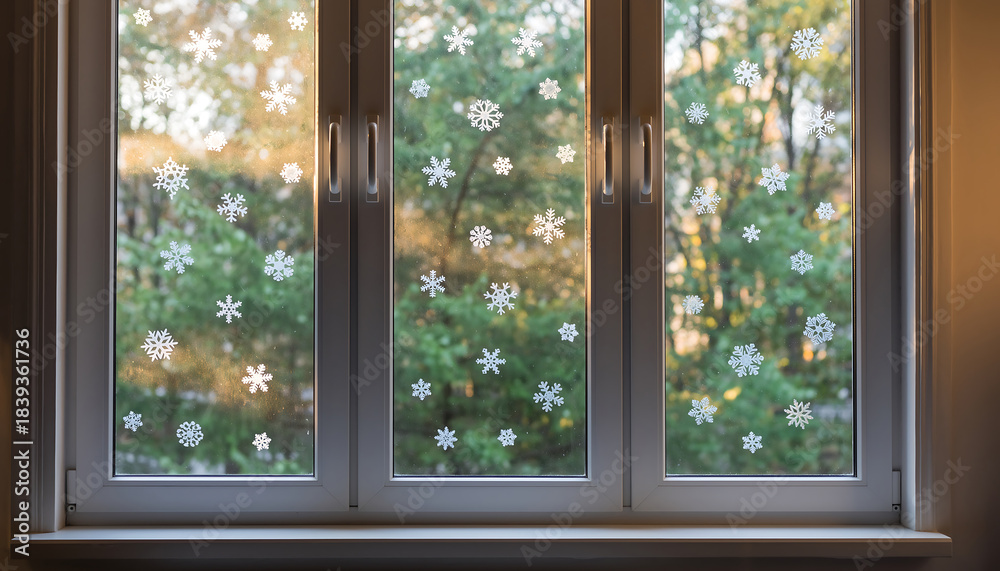 Fototapeta premium Bright window with white snowflake decals and a serene view of green trees
