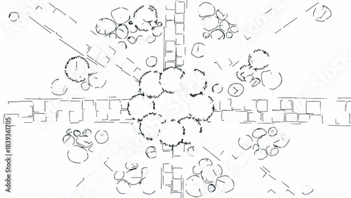 Minimalist Vector Line Art Sketch of Abstract Urban Landscape Architectural Plan Top View