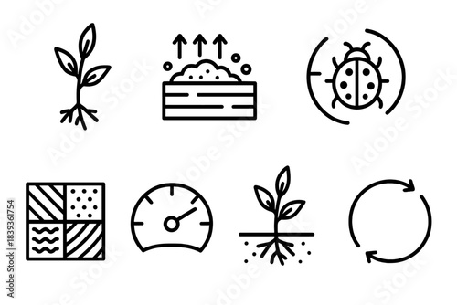 Sustainable Agroecosystem Icons. Sustainable Agroecosystem Set linear set: cover crop sprig, compost nutrient bar, pollinator pathway, integrated pest control symbol, diverse field