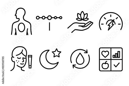 Wellness Icons Silhouette. Self-Awareness & Wellness linear set: body awareness silhouette, trait spectrum scale, mindful habit icon, energy level arc, skincare indicator, sleep