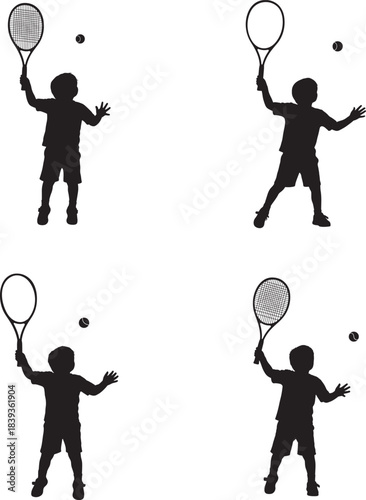 Four distinct silhouette poses of a child playing tennis with a racket and ball