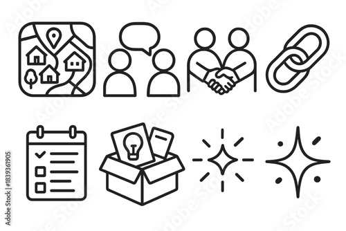 Community Connection Icons. Connected Community Living linear set: neighborhood map, local activity icon, friendly chat, group handshake, social link chain, event planner sheet,