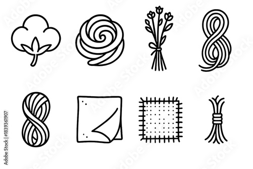 Natural Textile Icons. Natural textiles linear set: raw cotton tuft, wool roving, flax bundle, jute fiber, alpaca yarn, sisal thread, muslin square, burlap patch.