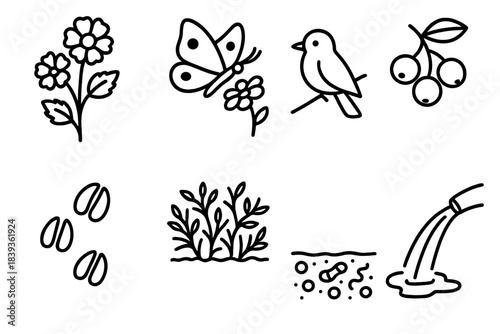 Nature's Iconic Harmony. Flora–Fauna Harmony Set linear set: blooming stem, butterfly visitor, fruit cluster, perched bird, herbivore tracks, protective thicket, soil microbes,