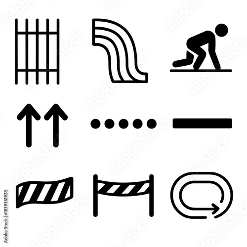 Track Flow Design. Track & Field Pathways linear set: lane grid, chicane-style turn, starting stance zone, finish mark, pace arrows, rhythm markers, boundary tape, track flow line.