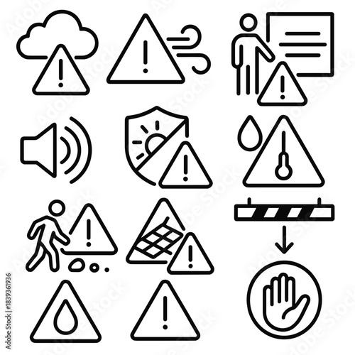 Environmental Risk Icons. Environmental Risk Checks linear set: weather alert cloud, strong wind caution arrow, falling object zone, low visibility haze, noise alert waves, glare