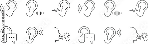 Hearing and Listening Icon set represents communication, sound awareness, modern minimal, design. This features an ear combined with sound waves, symbolizing hearing ability, active, and audio clarity