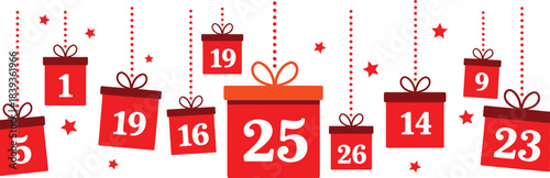 Create a detailed description of this colorful image featuring hanging gift boxes numbered for a festive countdown