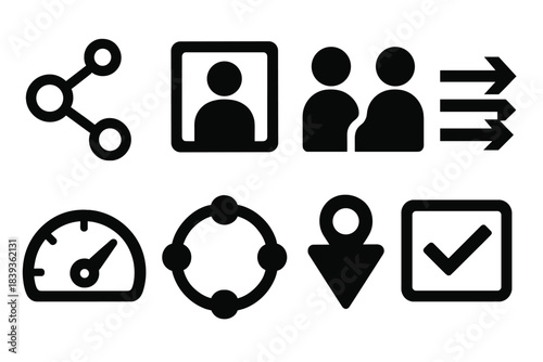 Care Ecosystem Icons. Coordinated care ecosystems silhouette set: care hub node, patient pathway tile, clinician link icon, resource flow bar, wellness gauge, support network ring,