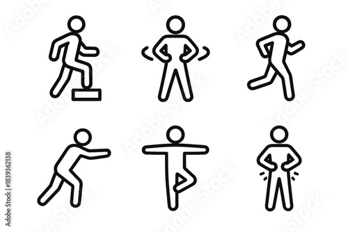 Active Day Symbols. Active Day Symbols linear set: step icon, torso twist, light jog silhouette, reach-forward motion, balance shift, core engagement mark.