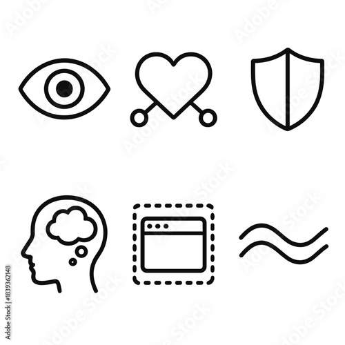 Mindful Icon Set. Mindful online presence linear set: open eye, heart connection, safe shield, thoughtful bubble, digital boundary line, harmony wave.