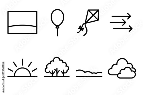 Sky Freedom Icons. Sky Freedom Set linear set: wide sky gradient, floating balloon, high-altitude kite, wind current arrows, sunrise arc, treetop edge, horizon silhouette, soft