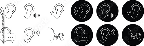 Hearing and Listening Icon set represents communication, sound awareness, modern minimal, design. This features an ear combined with sound waves, symbolizing hearing ability, active, and audio clarity