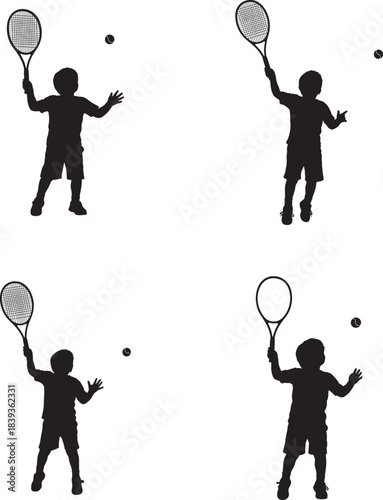 Four silhouettes of a young person playing tennis with rackets and balls 