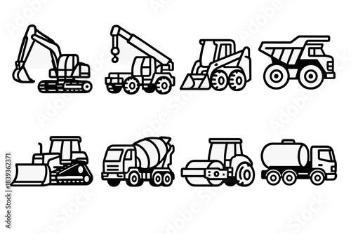 Heavy-Duty Vehicle Icons. Heavy-duty vehicle fleet linear set: track excavator, rough-terrain crane, compact loader, mining haul truck, dozer blade, concrete mixer truck, utility