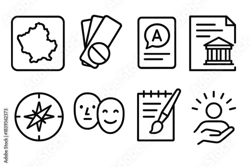 Cultural Adaptation Icons. Cross-cultural adaptation elements linear set: region symbol, nuance guide, language cue card, cultural reference sheet, context compass, expression map,