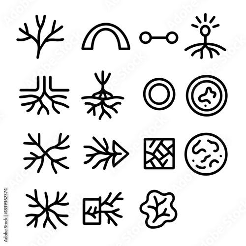 Fungal Networking Icons. Fungal Connectivity Frameworks linear set: mycelium strand node, hyphal arc tile, nutrient path bar, spore-release marker, substrate infiltration strip,