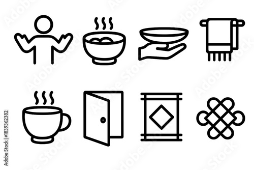 Cultural Hospitality Icons. Cultural Hospitality Symbols linear set: welcoming gesture, shared meal bowl, offering tray, greeting cloth, communal drink cup, open-door symbol,
